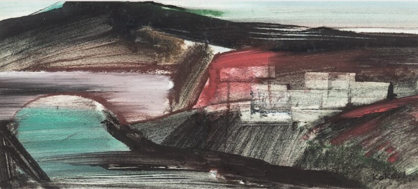 Kokas Ignác (Vál, 1926 – Vál, 2009) Mostari emlék Gouache, papír 215 X 480 mm Jelezve jobbra lent: Kokas I.