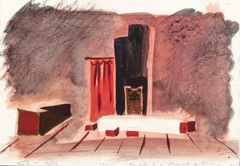 Bálint Endre (Budapest, 1914 - Budapest, 1986) Színpadterv I. Akvarell, papír 28,5 X 41 cm Jelezve balra lent: Bálint 963 Jelezve jobbra lent: Ajánlás "Malonyai Dezsőnek"