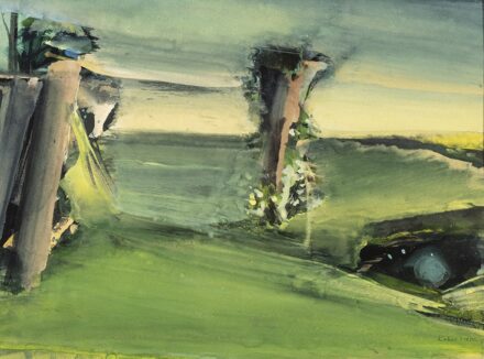 Kokas Ignác (Vál, 1926 – Vál, 2009) Volt kapu oszlopok Gouache, papír 305 X 440 mm Jelezve jobbra lent: Kokas I. 1982