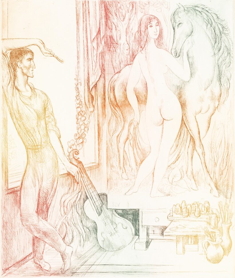 Szabó Vladimir (Balassagyarmat, 1905 – Budapest, 1991) Műteremben, 35/100 Színes rézkarc, papír 295 X 245 mm Jelezve jobbra lent: Szabó Vladimir