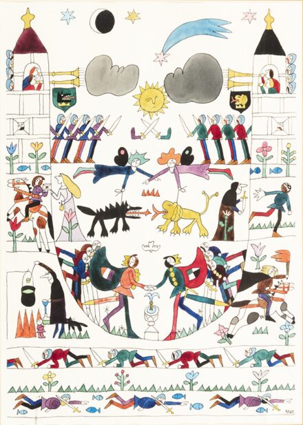 Réber László (Budapest, 1920 – Budapest, 2001) Meseillusztráció Papír, tus, akvarell 350 X 250 mm Jelezve jobbra lent: Réber