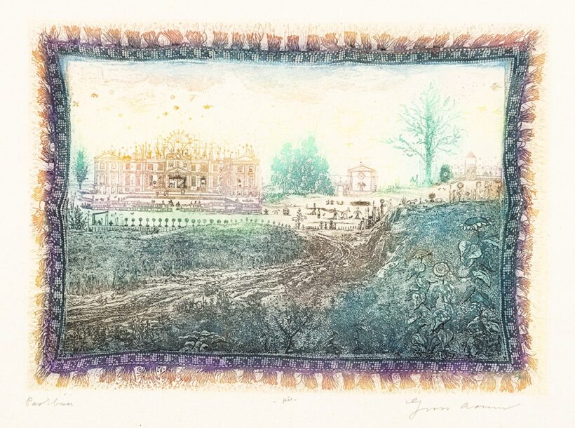 Gross Arnold (Torda, 1929 – Budapest, 2015) Parkban Színes rézkarc, papír 152 X 212 mm Jelezve jobbra lent: Gross A.