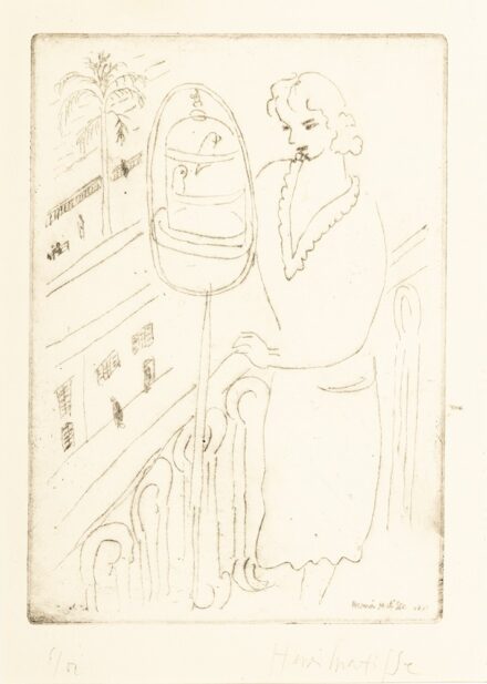 Henri Matisse (Le Cateau-Cambrésis, 1869 – Nizza, 1954) Fiatal nő a balkonon madárkalitkával 6/50 Rézkarc, papír 240 X 170 mm Jelezve jobbra lent: Henri Matisse Jelezve jobbra lent a dúcon: Henri Matisse