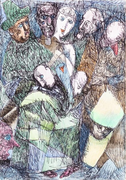 Schéner Mihály (Medgyesegyháza, 1923 – Budapest, 2009) Karnevál Tus, akvarell, papír 285 X 200 mm Jelzés nélkül