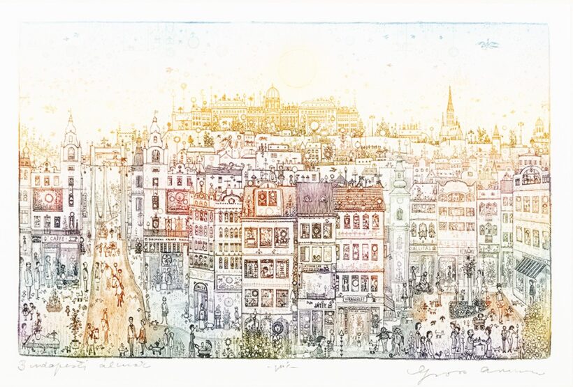 Gross Arnold (Torda, 1929 – Budapest, 2015) Budapesti álmok, próbanyomat Színes rézkarc, papír 162 X 255 mm Jelezve jobbra lent: Gross Arnold