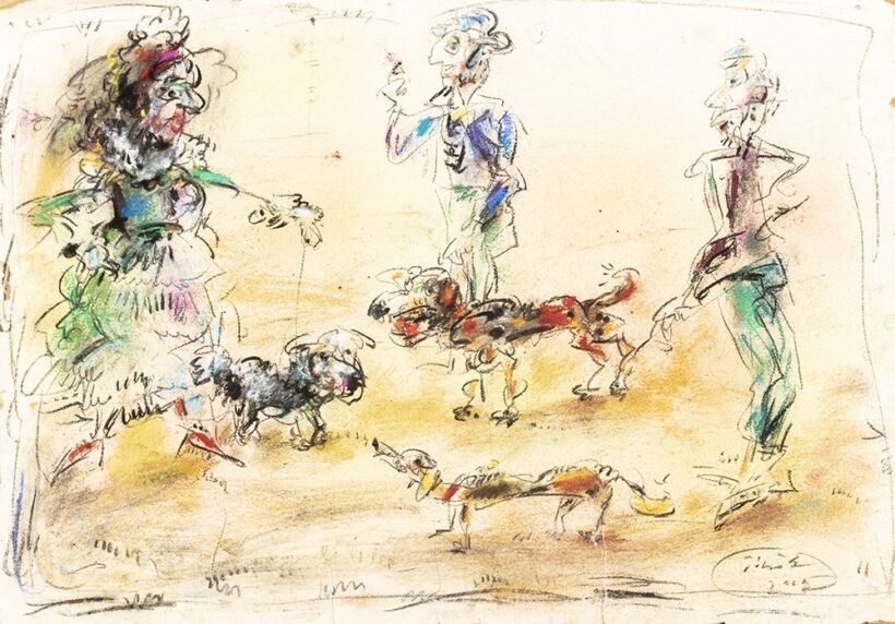 Tóth Ernő (Sajóecseg, 1949 - ) Kutyasétáltatók Kréta, merített papír 600 X 850 mm Jelezve jobbra lent: Tóth E. 2005.