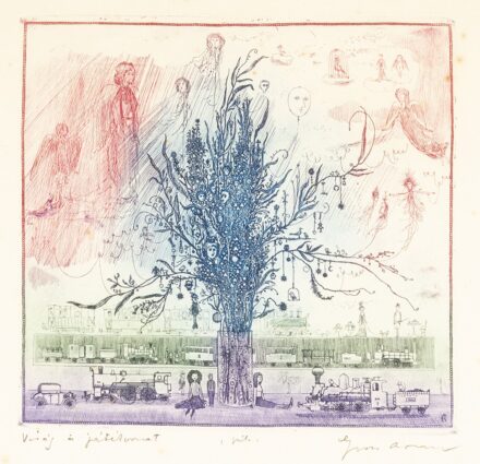 Gross Arnold (Torda, 1929 – Budapest, 2015) Virág és játékvonat, próbanyomat Színes rézkarc, papír 190 X 200 mm Jelezve jobbra lent: Gross Arnold Foltos