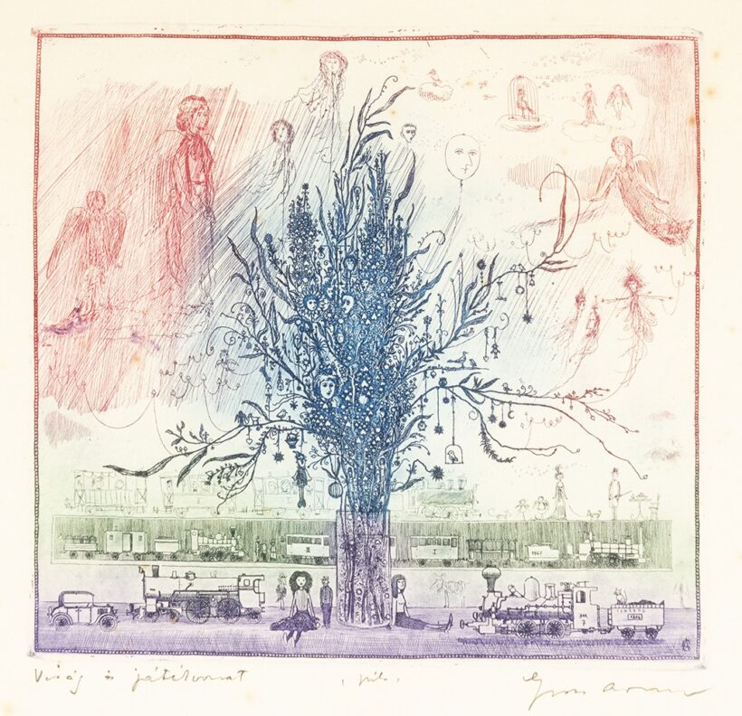 Gross Arnold (Torda, 1929 – Budapest, 2015) Virág és játékvonat, próbanyomat Színes rézkarc, papír 190 X 200 mm Jelezve jobbra lent: Gross Arnold Foltos