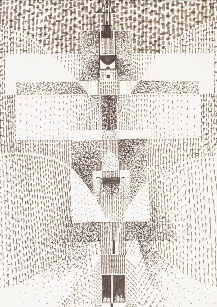 Gyarmathy Timhamér (Pécs, 1915 – Budapest, 2005) Út a kozmoszba Tus, papír 613 X 402 mm Jelezve balra középen: Gyarmathy Tihamét 1983 Hátoldalon: Autográf felirat R 83/10