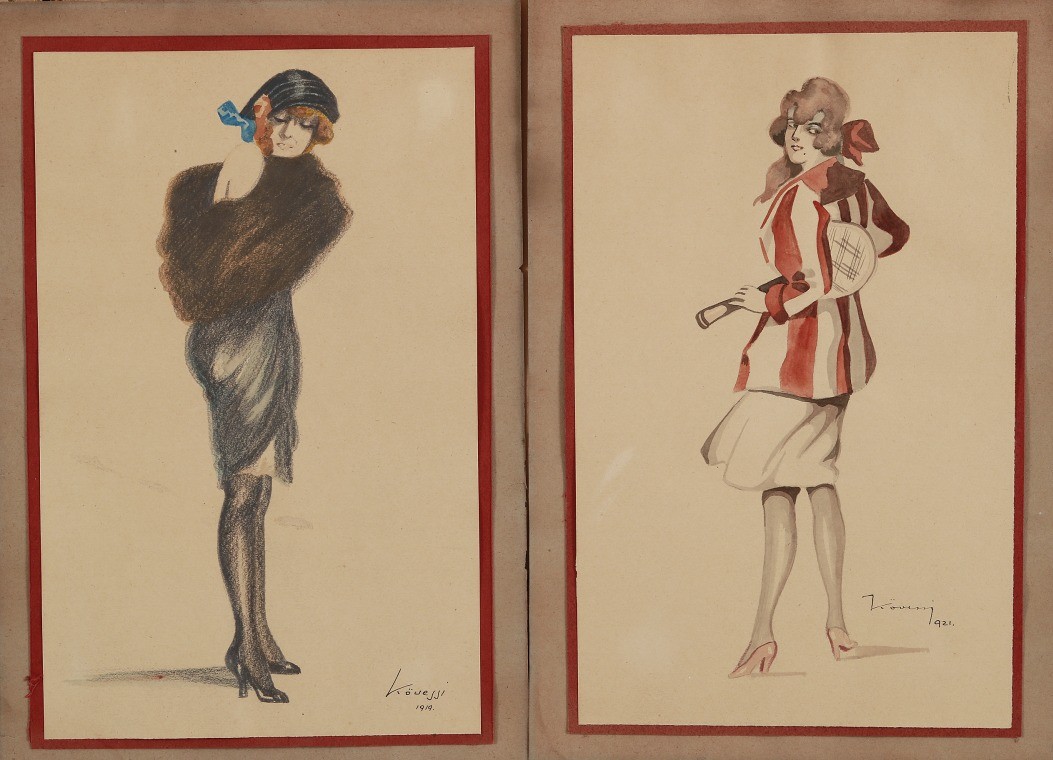 Kövessi szignóval : Hölgyek a divatlapból: teniszütűvel, boában (2 mű)