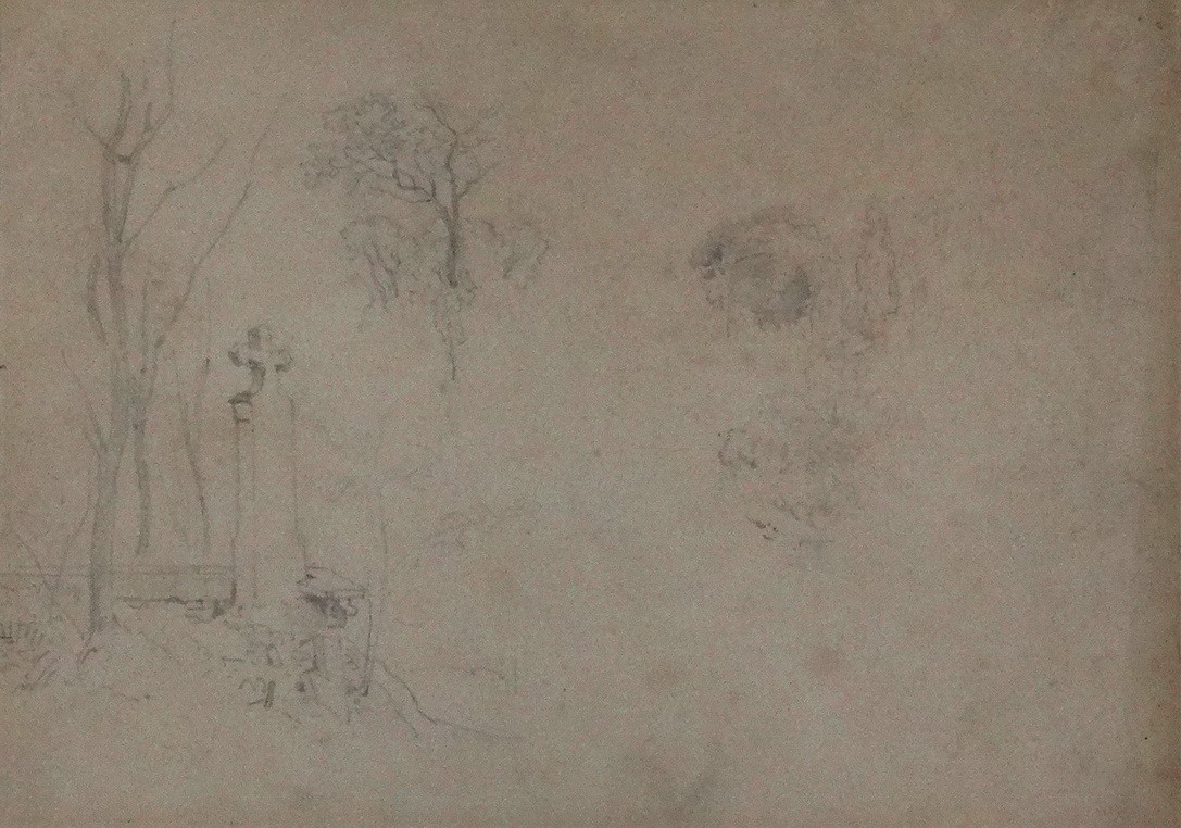 Kelety Gusztáv (1834 - 1902): Templomkert, hátoldalon: Vázlatok