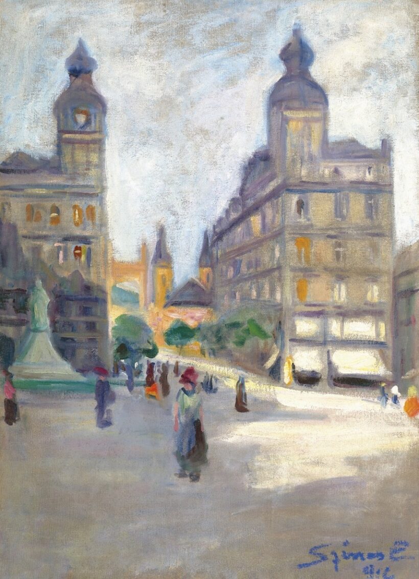Színes Elemér:Klotild Paloták háttérben az Erzsébet híddal, 1912