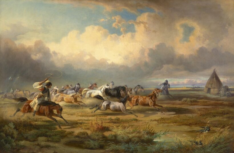 Adolf van der Venne:Vágtató ménes (Vihar a Hortobágyon), 1858
