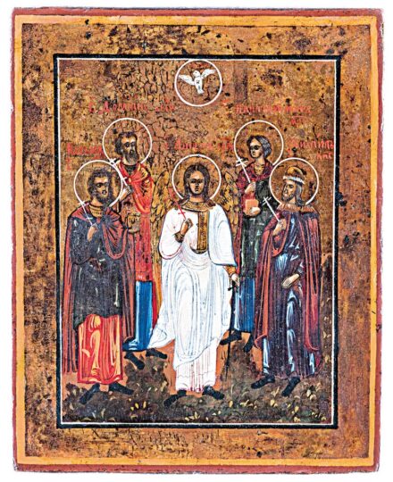 Orosz ikonfestő, 19. sz. vége: Szent Kozma, Szent Damján, Szent Panteleimon, Szent Mihály arkangyal és egy férfi szent