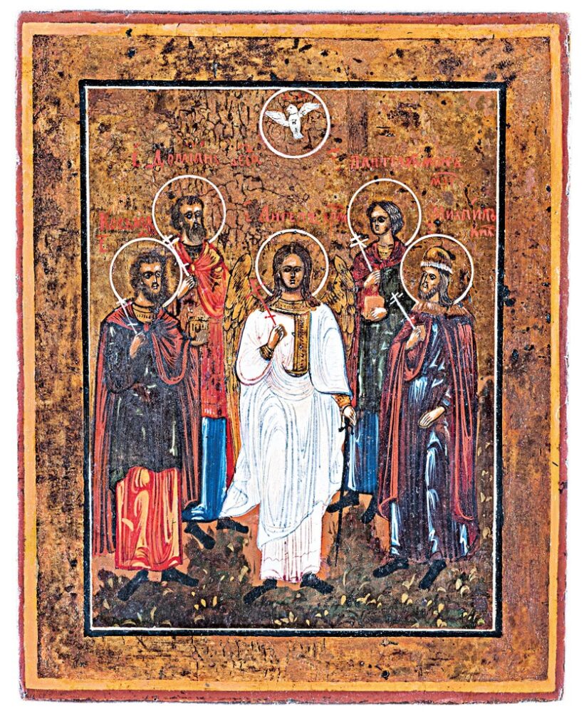 Orosz ikonfestő, 19. sz. vége: Szent Kozma, Szent Damján, Szent Panteleimon, Szent Mihály arkangyal és egy férfi szent