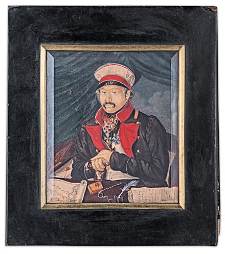 Orosz miniatúrafestő,19. sz. közepe: Orosz katonatiszt portréja (a Szent Anna és Szent György orosz, a Polonia Restitua lengyel, és  Pour la Mérite porosz legmagasabb kitüntetésekkel)