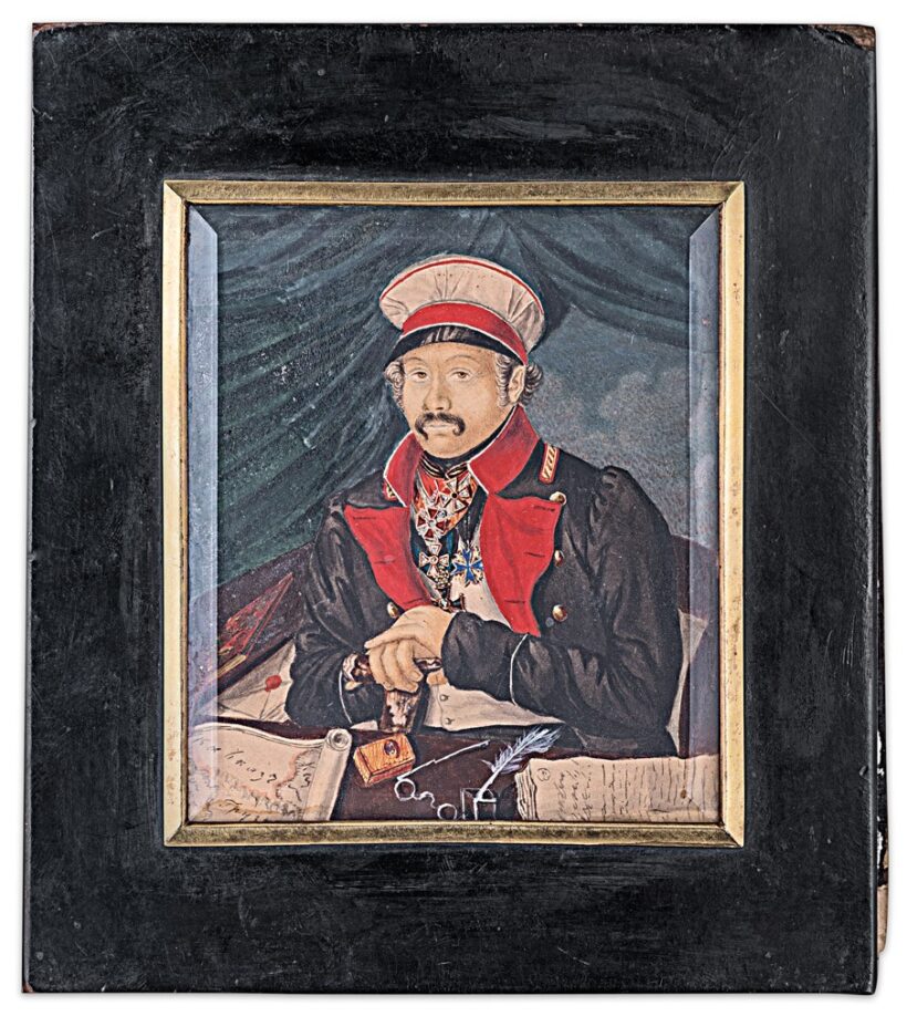 Orosz miniatúrafestő,19. sz. közepe: Orosz katonatiszt portréja (a Szent Anna és Szent György orosz, a Polonia Restitua lengyel, és  Pour la Mérite porosz legmagasabb kitüntetésekkel)