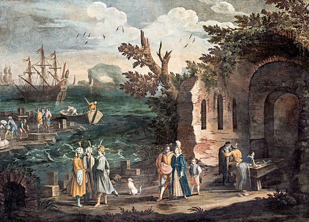 Itáliai festő, 17. sz. vége: Tengerparti részlet előkelő társasággal