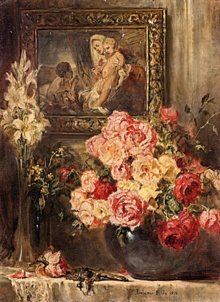Benczúr Ida, Dolányi (1876-1970): Pünkösdirózsák enteriőrben, 1938