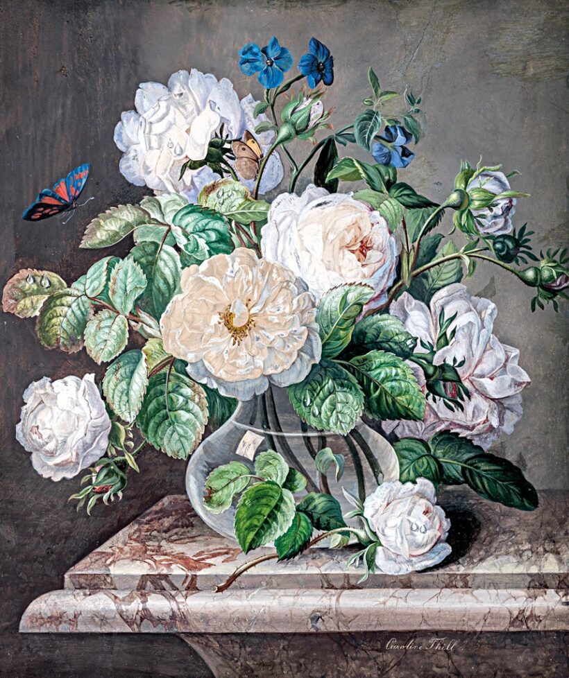 Thill, Caroline jelzéssel: Rózsás csendélet pillangókkal, 1851