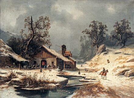Osztrák festő: Téli táj kovácsműhellyel, 1859