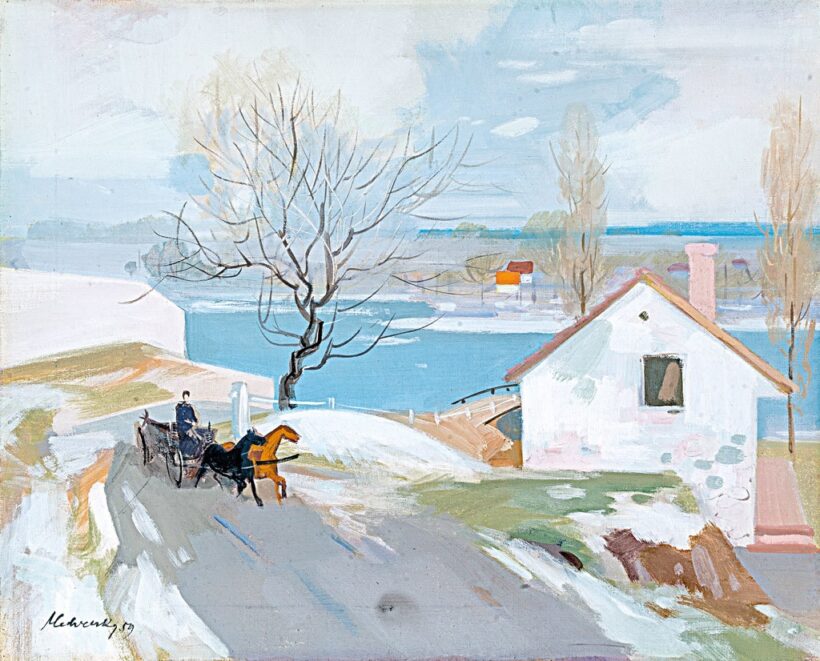Medveczky Jenő (1902-1969): Vízparti táj lovas fogattal, 1959