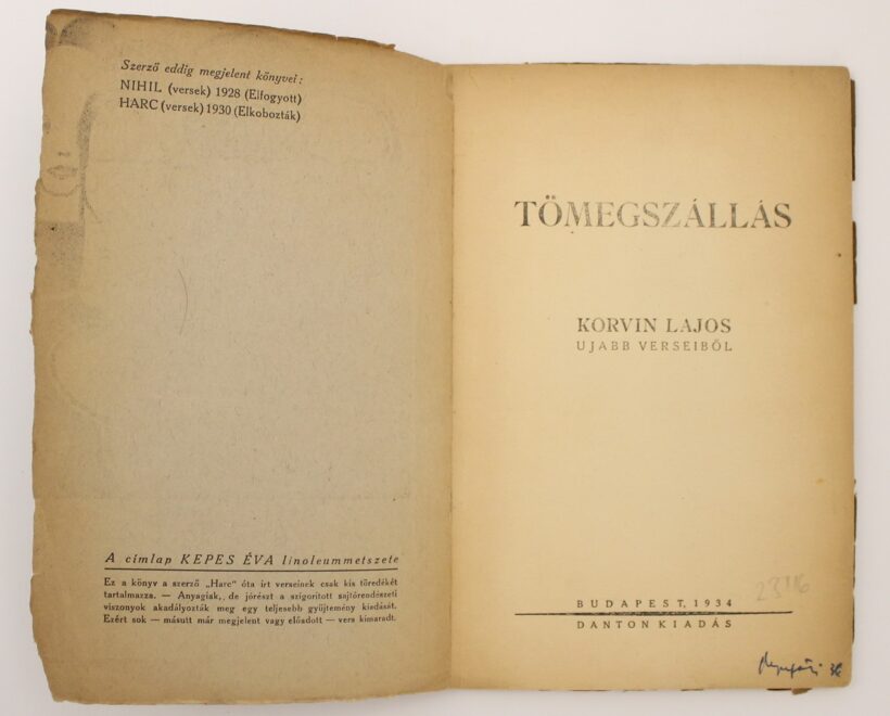 Kepes Éva címlapjával Korvin Lajos újabb versei Tömegszállás c. kötetben, Danton, 1934 - Image 2