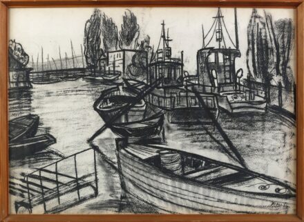 Mersits Piroska (1926 - 1988): Balatoni kikötő, hajókkal, halászladikkal, vitorlásokkal, (Siófok?)