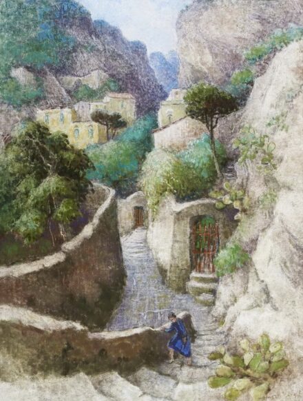 Kapicz Margit (Derzsi Sándorné)(1921-1995): Hegyi falu lépcsőin haladó nő