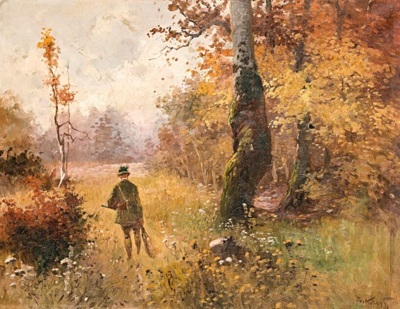 Zorkóczy Gyula (Nagyrőce, 1873 - Budapest, 1932): Őszi erdőrészlet vadásszal