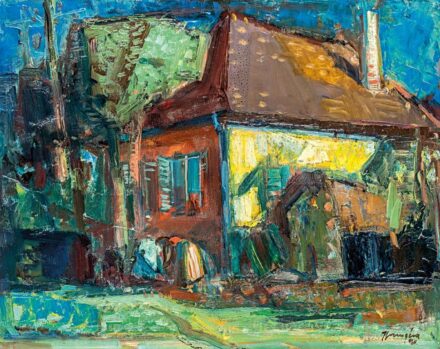 Boross Géza (Rákospalota, 1908 - Budapest, 1971): Asszony a ház előtt,1964