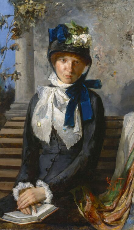 Eisenhut Ferenc: Fiatal lány kék szalaggal és könyvvel, 1882
