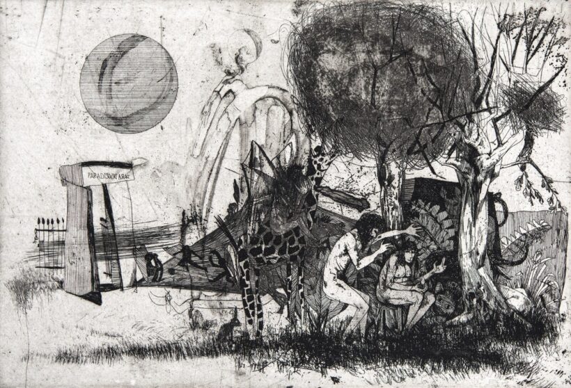 Kondor Béla (1931-1972): Paradicsom, kiűzetés (Illusztráció Madách Imre Az ember tragédiája c. drámai költeményéhez), 1964