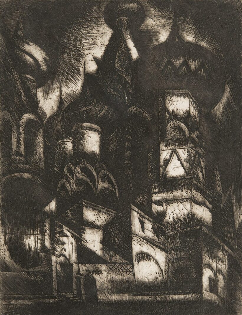 Uitz Béla (1887-1972): Hagymakupolás templom, 1921-1922 (A "Moszkva" cinkkarc sorozatból)