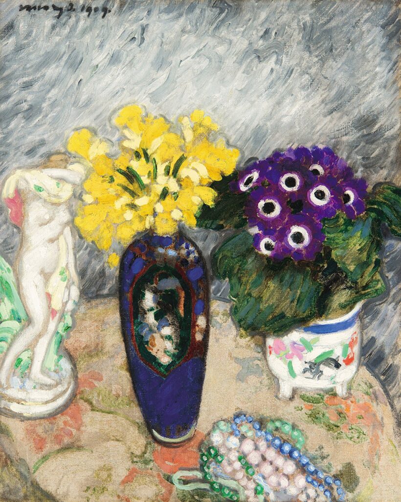 Vaszary János (1867-1939): Virágok és porcelánok, 1909
(Virágcsendélet aktszoborral, Virágcsendélet szoborral, Csendélet)