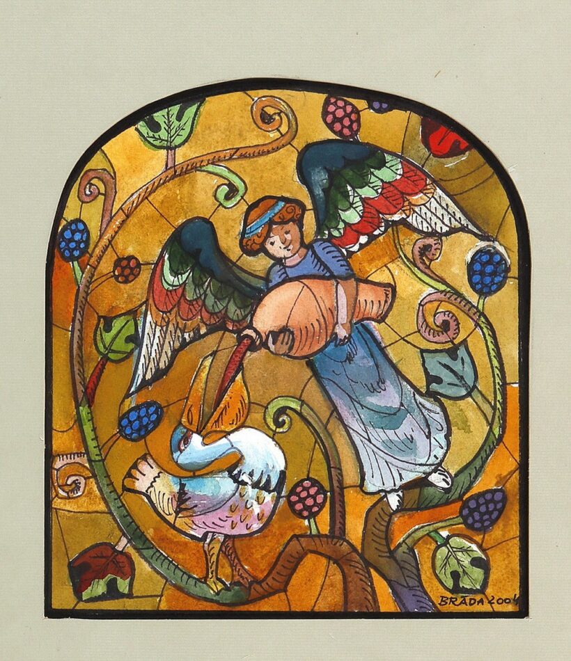 Bráda Tibor (1941): Gödény és az angyal, 2004 - ólomüvegterv