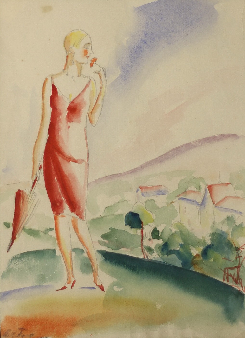 Detre Szilárd (1891 - ?): Piros ruha, piros ernyő, fiatal nő