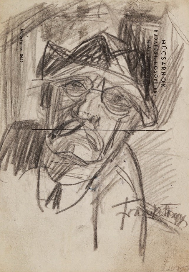 Frank Frigyes (1890 - 1976): Önarckép, 1954-es Műcsarnoki meghívó hátoldalán