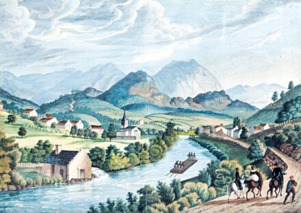 Osztrák festő: Alpesi folyó tutajosokkal, 1829