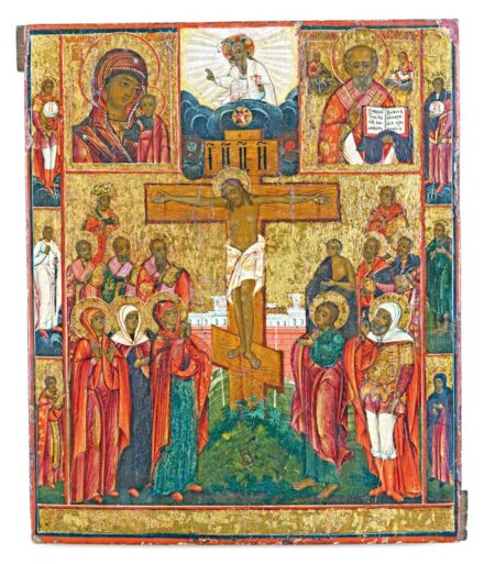 Orosz ikonfestő, 1800 körül: Keresztrefeszített Krisztus az Istenszülő kazányi képmásával, csodatévő Szent Miklós ábrázolásával és szentekkel
