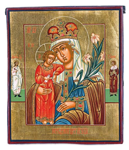 Orosz ikonfestő, 20. sz.: Istenszülő az el nem hervadó virággal, őrangyallal és Szent János evangelistával