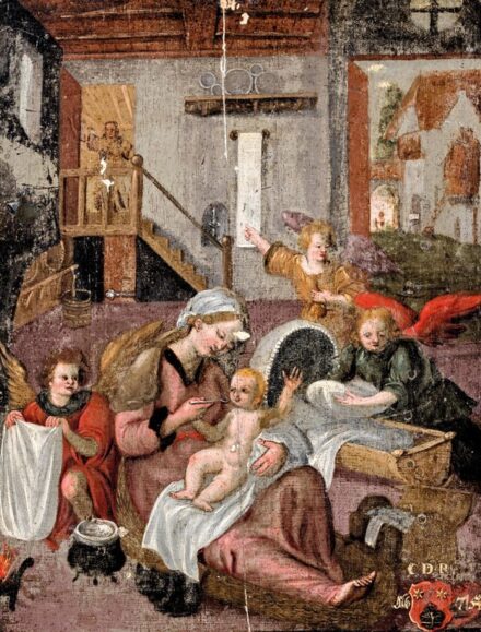 Német festő: A gyermek Jézus táplálása, 1675