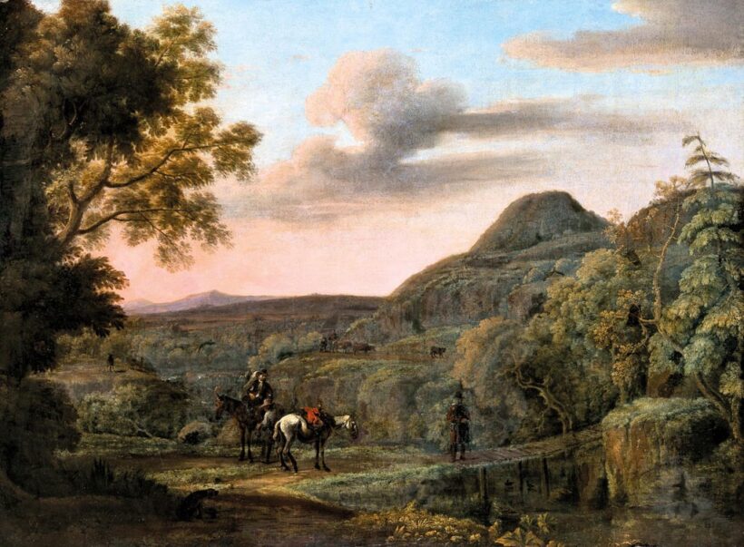 Moucheron, Isac (1667-1744)-nak tulajdonítva: Hegyvidéki táj lovasokkal