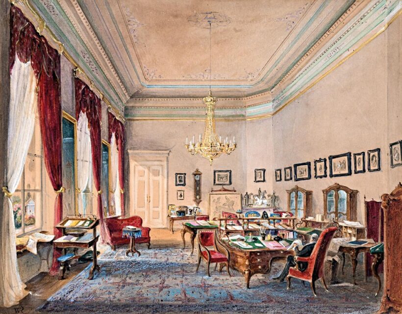 W. R. monogrammal, 19. sz. közepe: Kastély enteriőr