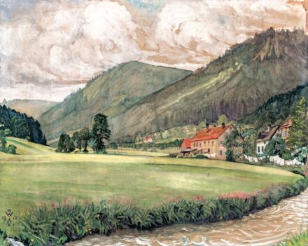 Wellmann Róbert (1866-1946): Hegyvidéki táj udvarházzal, 1912
