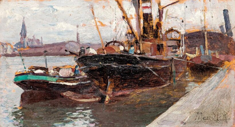Mendlik Oszkár (1870-1963): Kikötőrészlet gőzhajóval