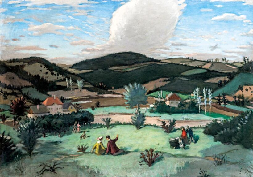 Fényes Adolf (1867-1945): Dombos táj kirándulókkal