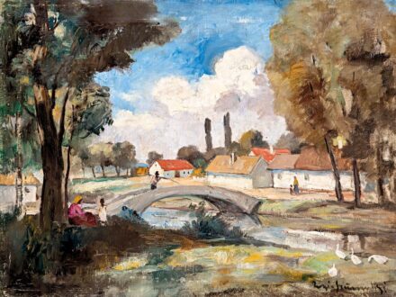 Iványi - Grünwald Béla (Somogysom, 1867 - Budapest, 1940) műhelye: Falurészlet kőhíddal