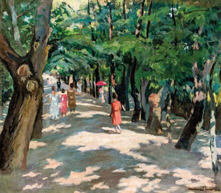 Magyar festő: Árnyas út a parkban, 1924
