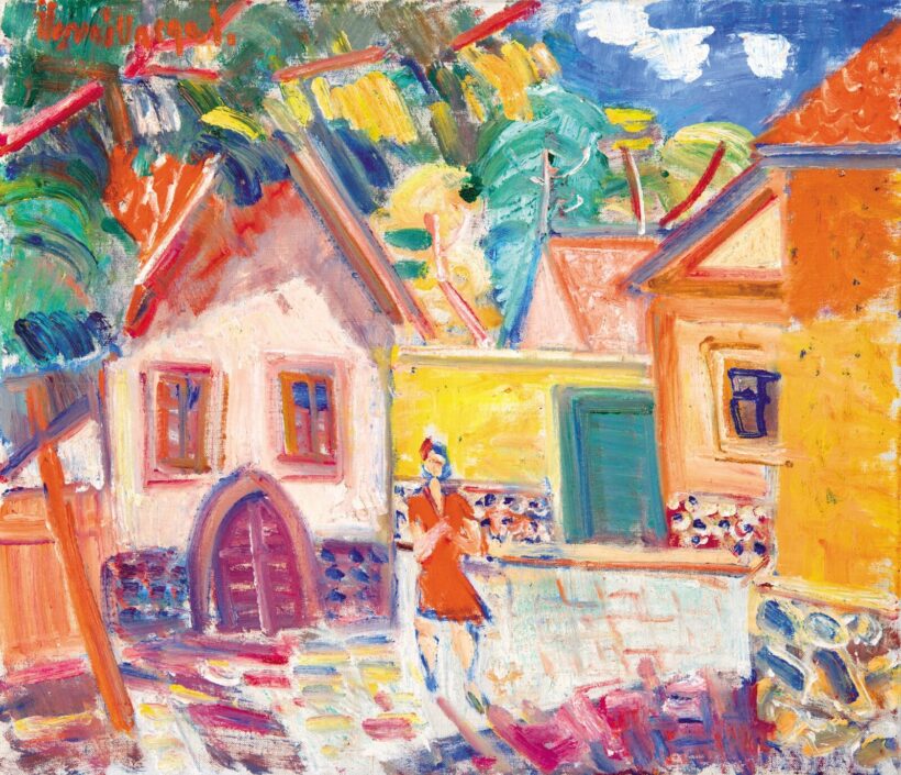 Ilosvai Varga István (1895-1978): Utca piros ruhás nővel